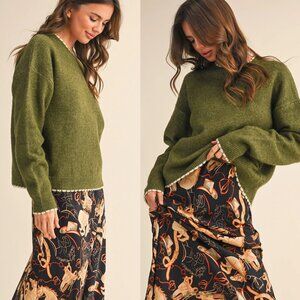 Taryn Contrast Knit Scalloped Edge Sweater | Women's Olive Green Winter Top